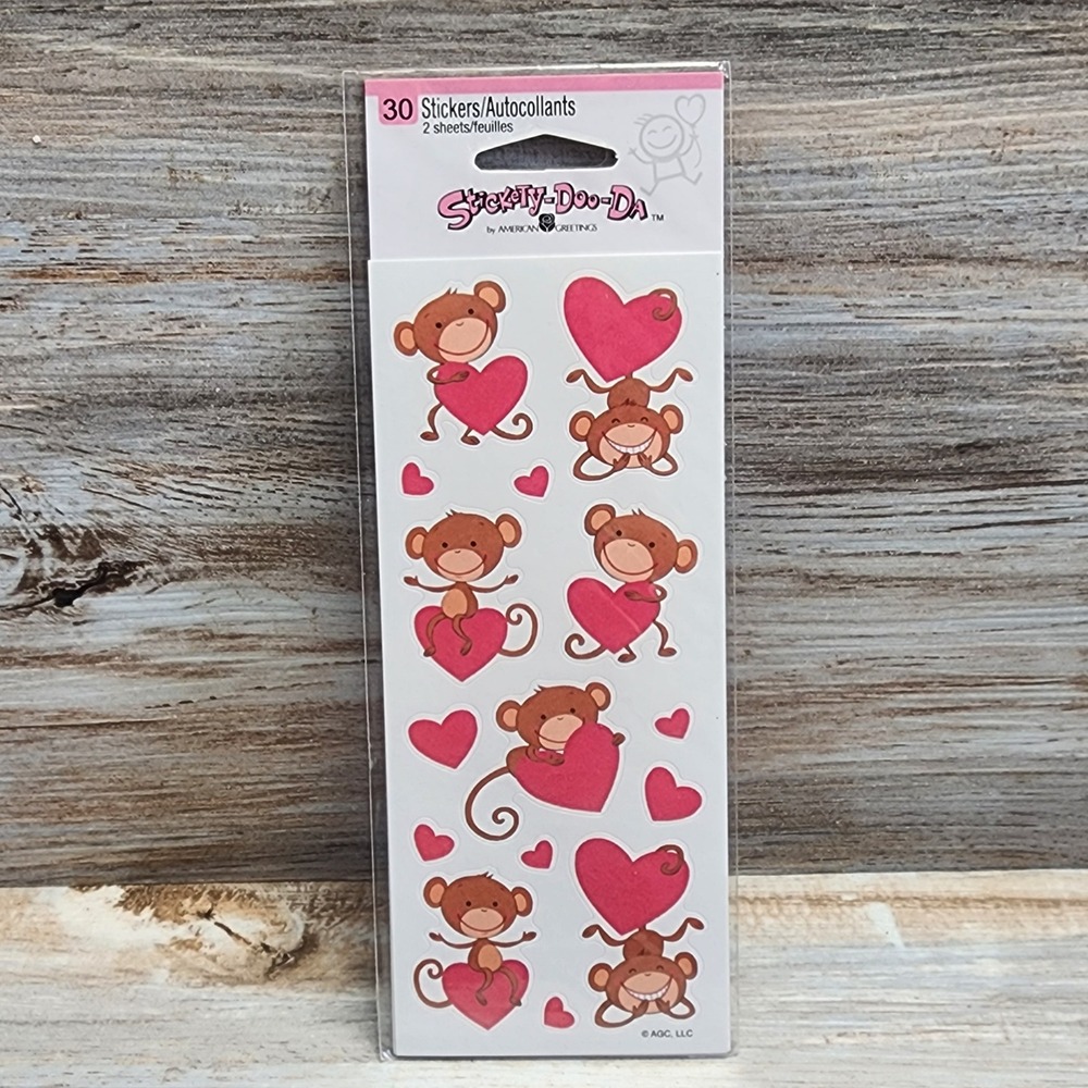 American Greetings Stickety-Doo-Da Monkey Heart Stickers 2 Sheets 30 Count New
